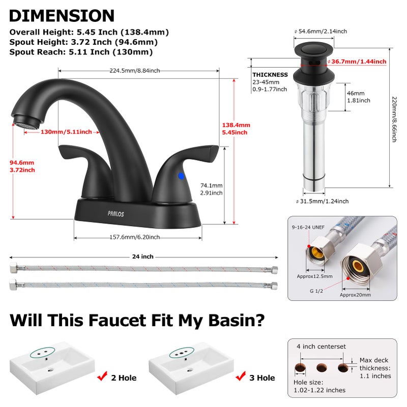 PARLOS 2-Handle Bathroom Sink Faucet with Drain Assembly and Supply Hoses Matte Black,1359804 - Image 5